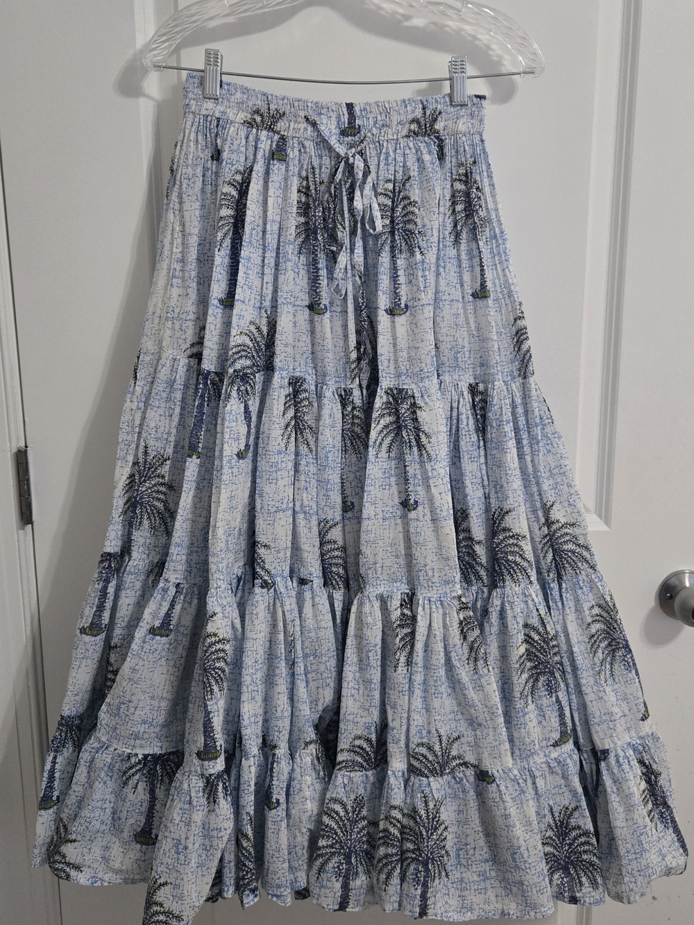 Holli Cow Blue Palm Tree Tiered Maxi Skirt Boho Resort Style